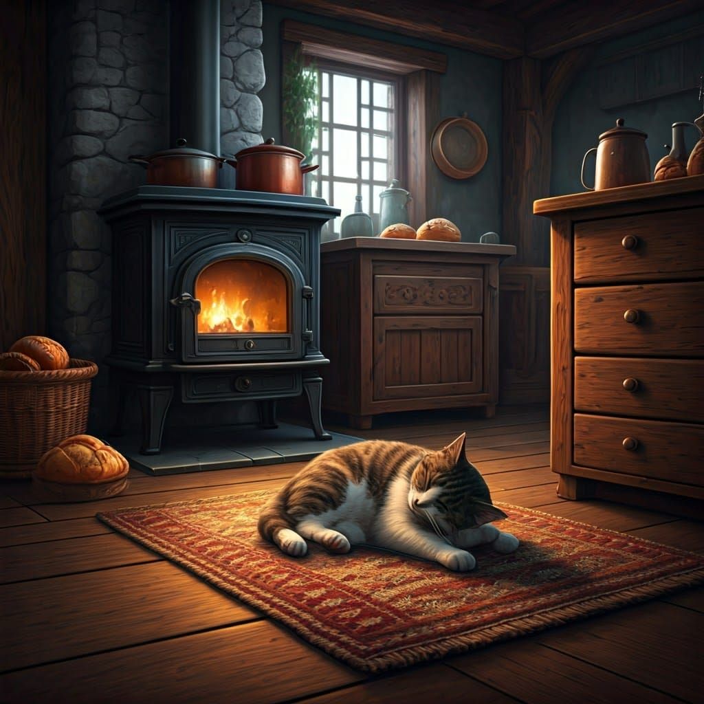 Cozy Farmhouse Scene with Sleeping Cat in Warm Woodland Colo...