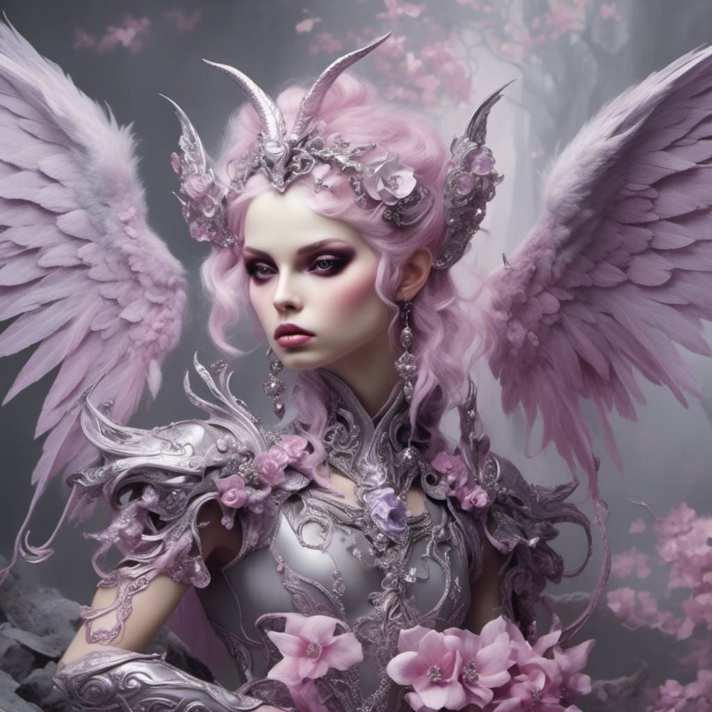 Ethereal Demon Angel in Gray Pink Lilac Silver