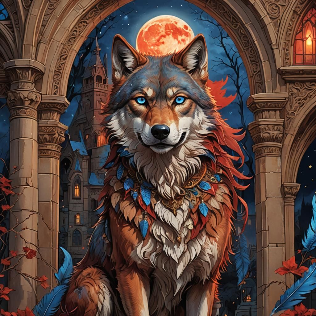 Red She-Wolf and Gothic Manse in Fantasy Art