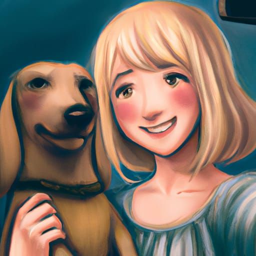 Woman and Dachshund Selfie in Anime Style