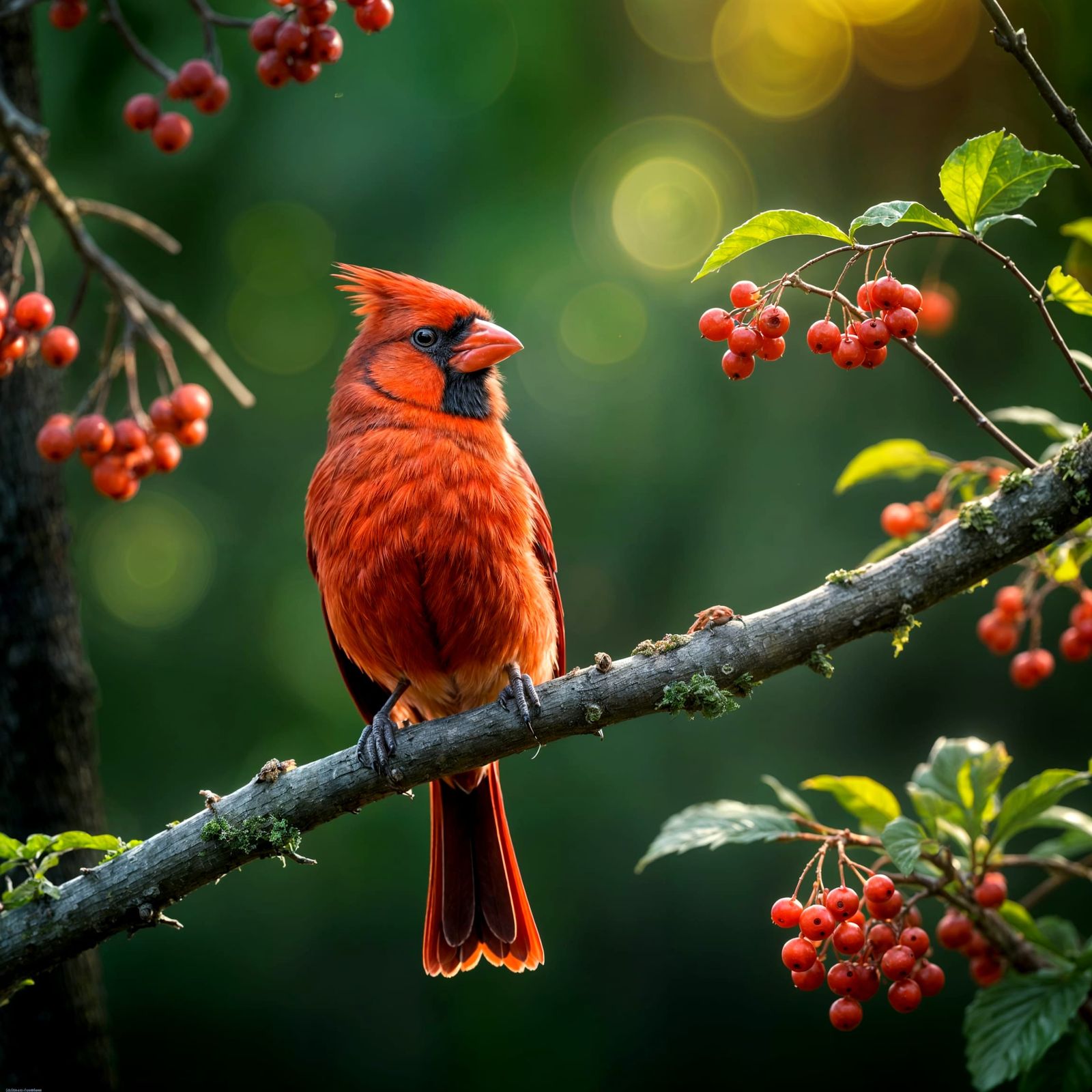 Majestic Red Cardinal in Summer Forest, Photorealistic Style