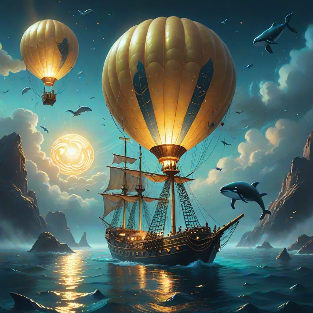 Golden Ship Sails on Bioluminescent Balloon, Fantasy Art