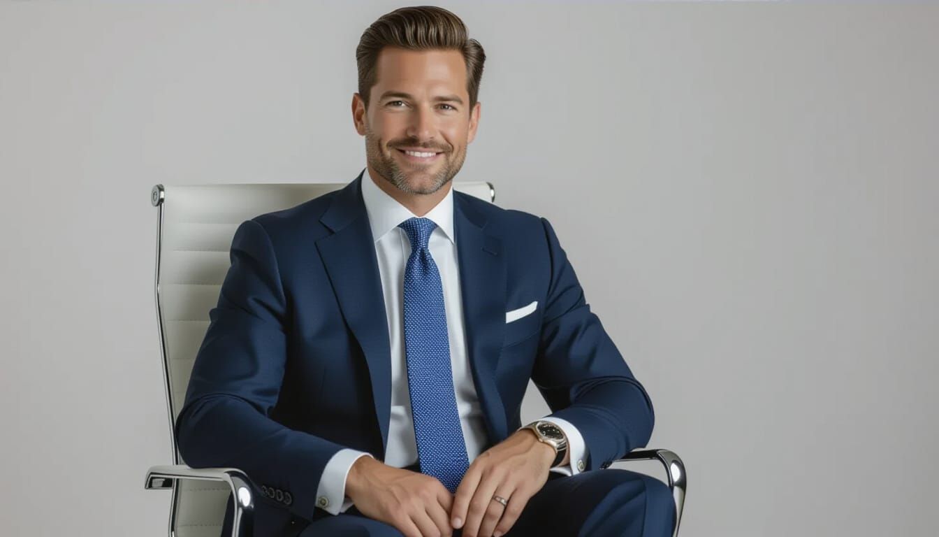 Confident Corporate Man in Navy Suit, Studio Portrait