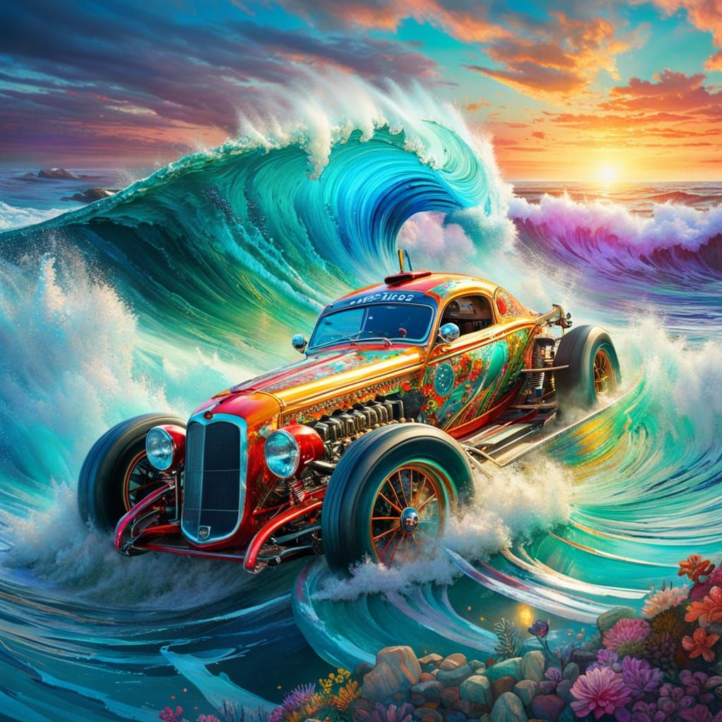 Illuminated Race Car on Magical Ocean Waves