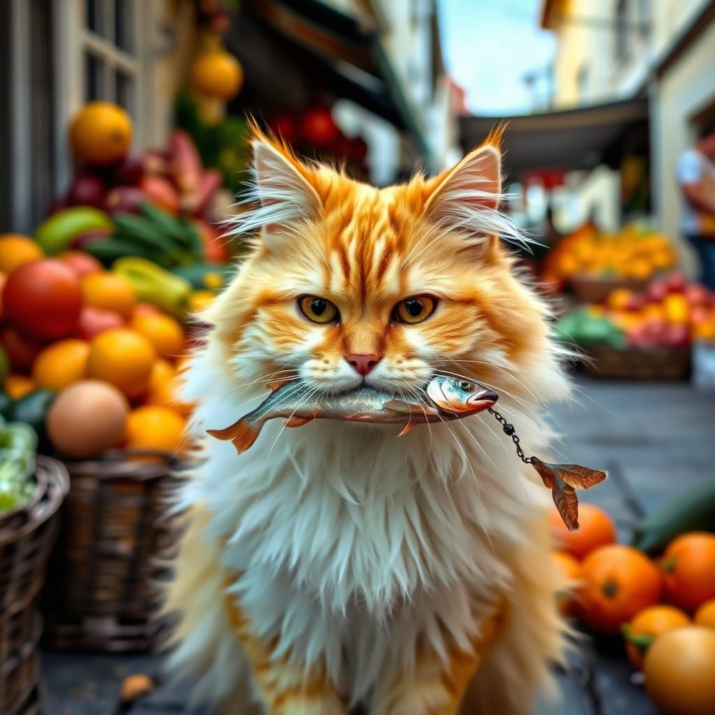 Persian Cat with Fish in a Picturesque Street