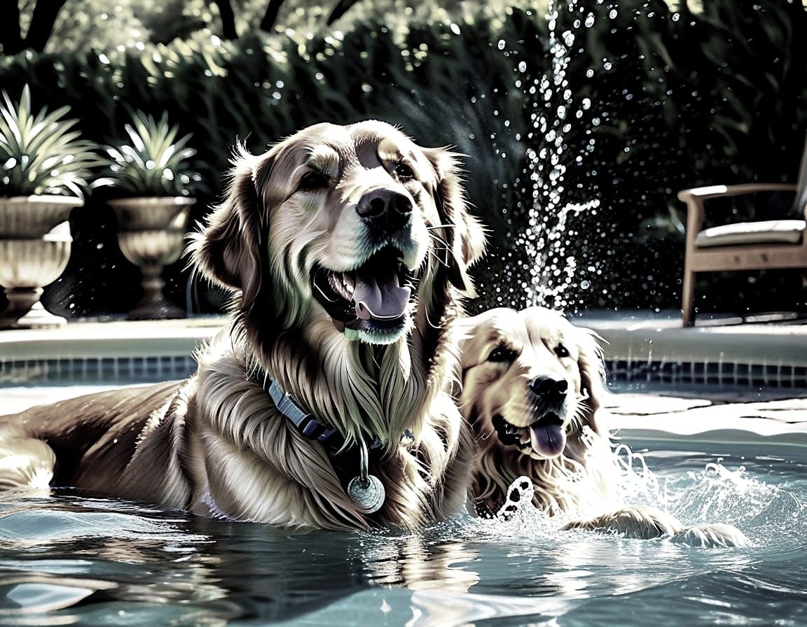 Golden Retriever and Man Swimming, Impasto Style
