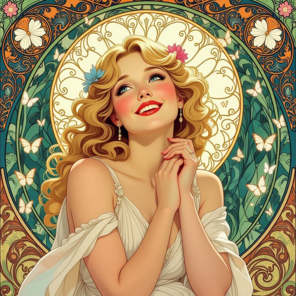 Woman with Butterflies in Art Nouveau Style
