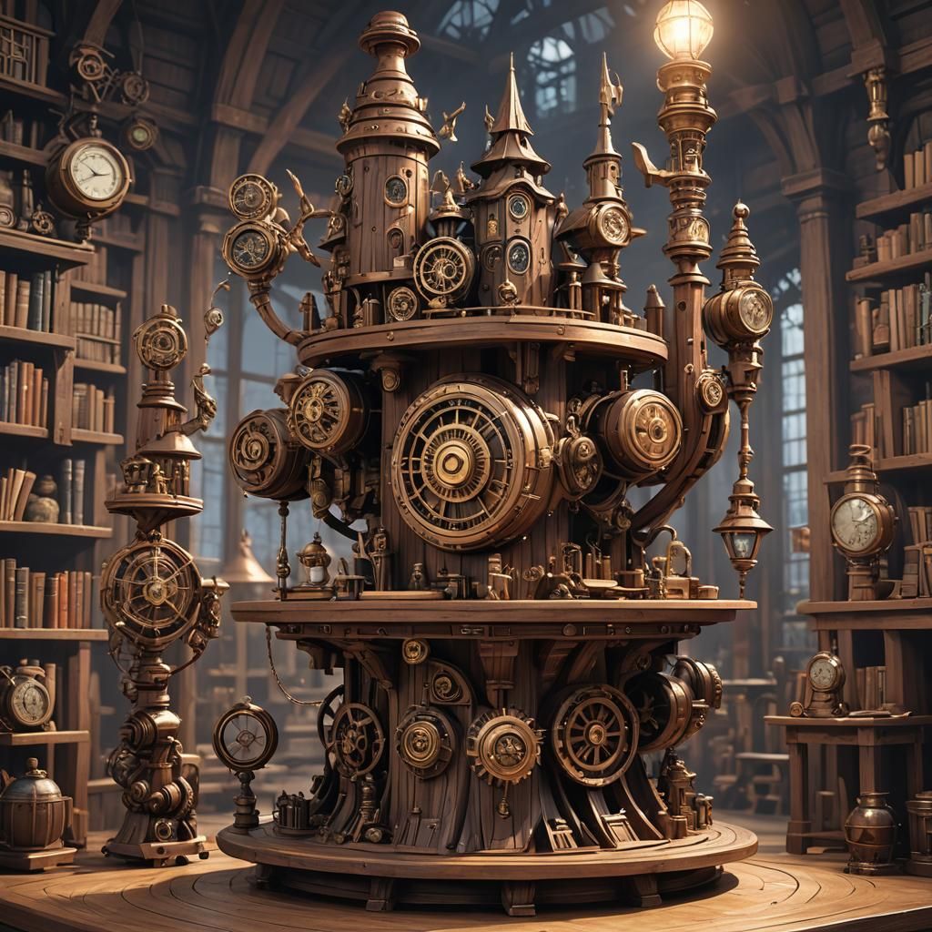 Steampunk Wizard School Wooden Sculpture in 3D Anime Art