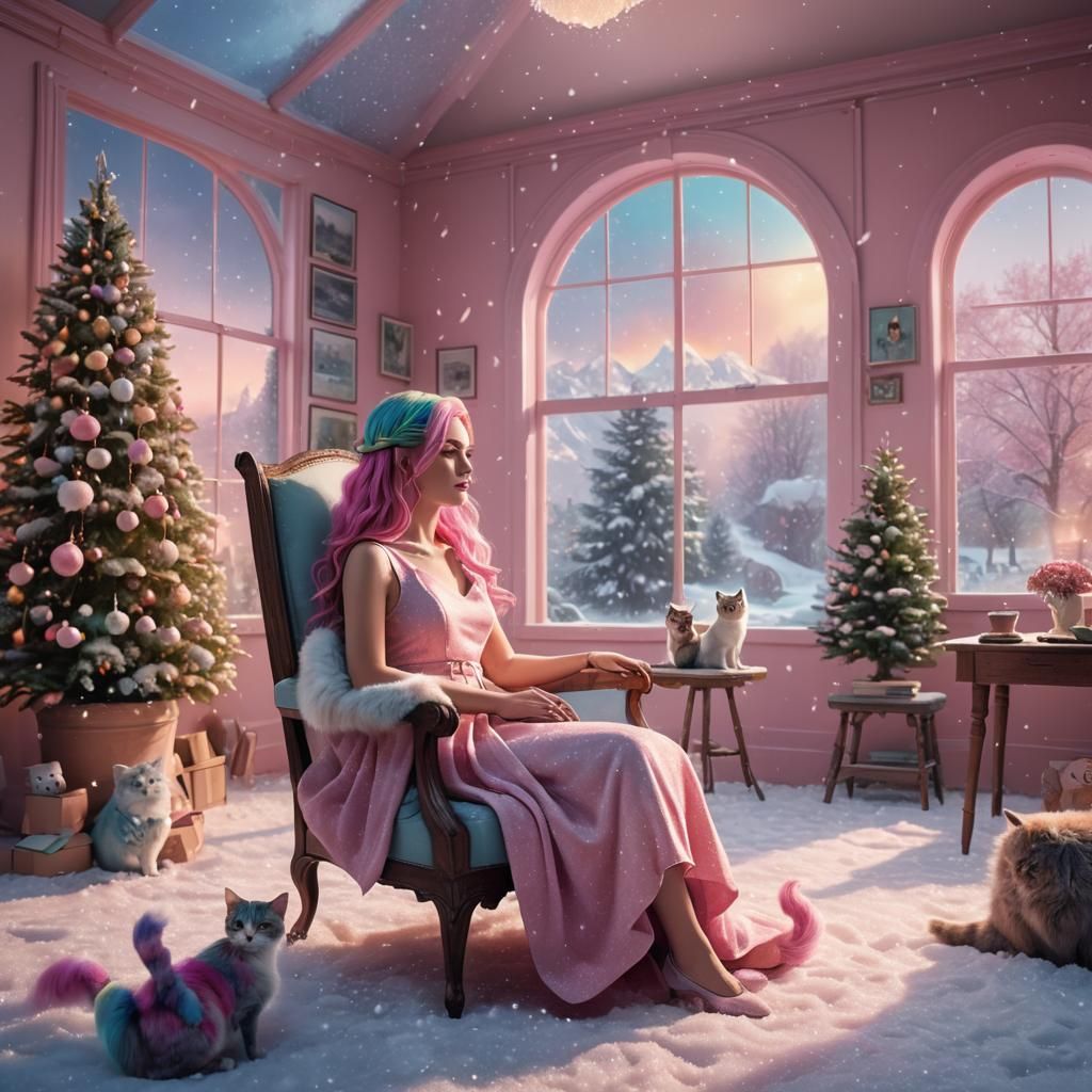 Rainbow Haired Lady Watching Snowfall, Digital Painting