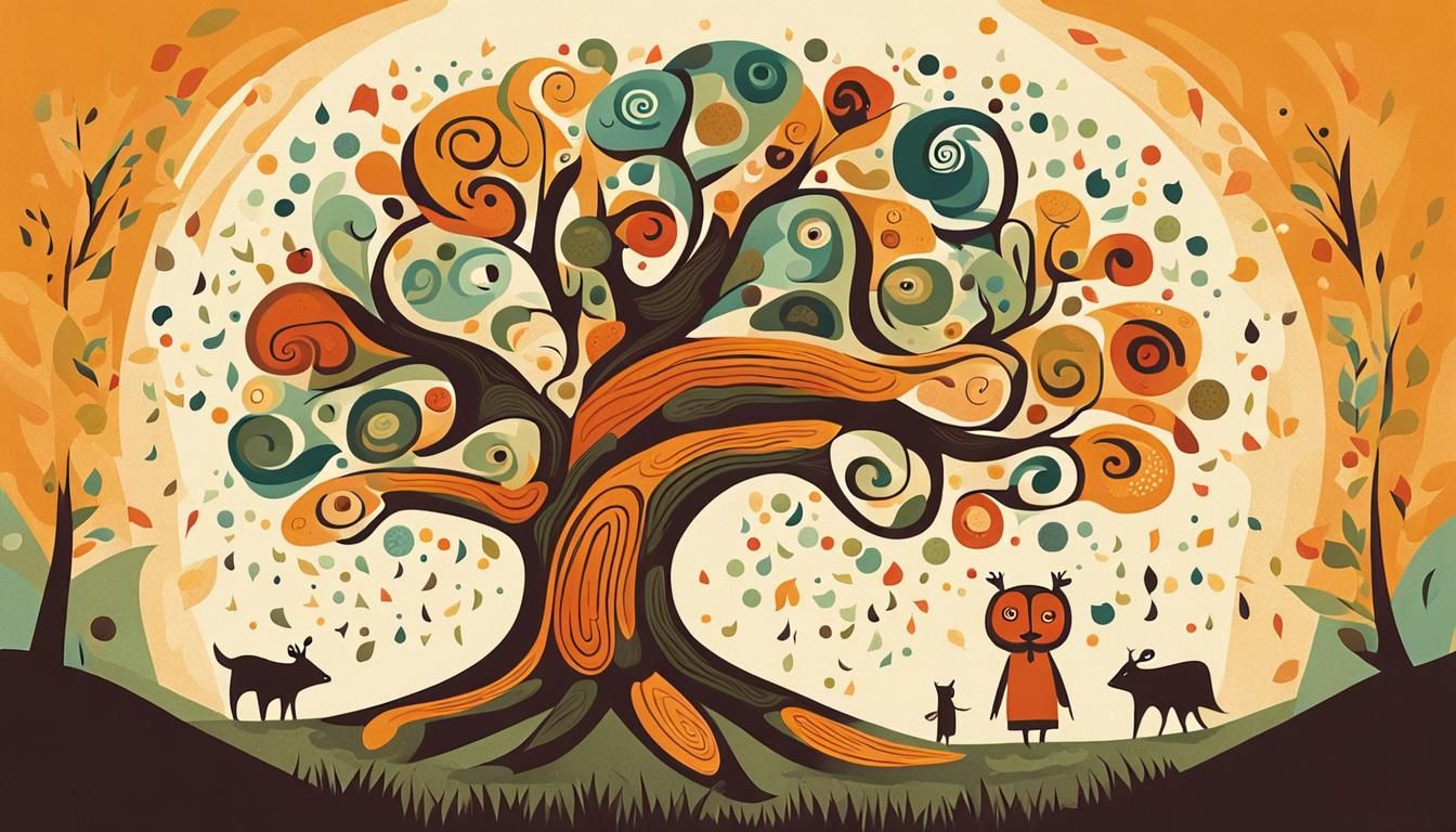 Whimsical Cartoon Tree Speaking to Forest Animals