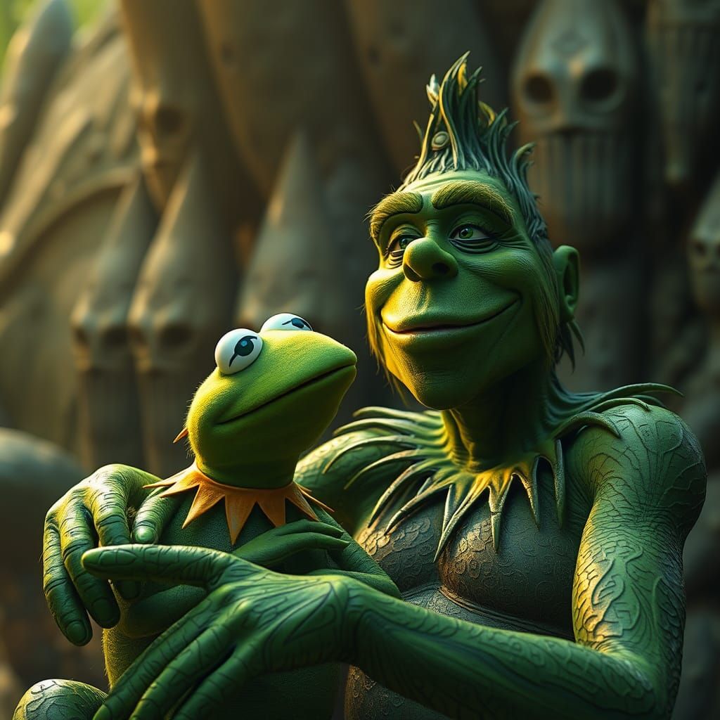 Jolly Green Giant and Kermit Duet in Fantasy Art