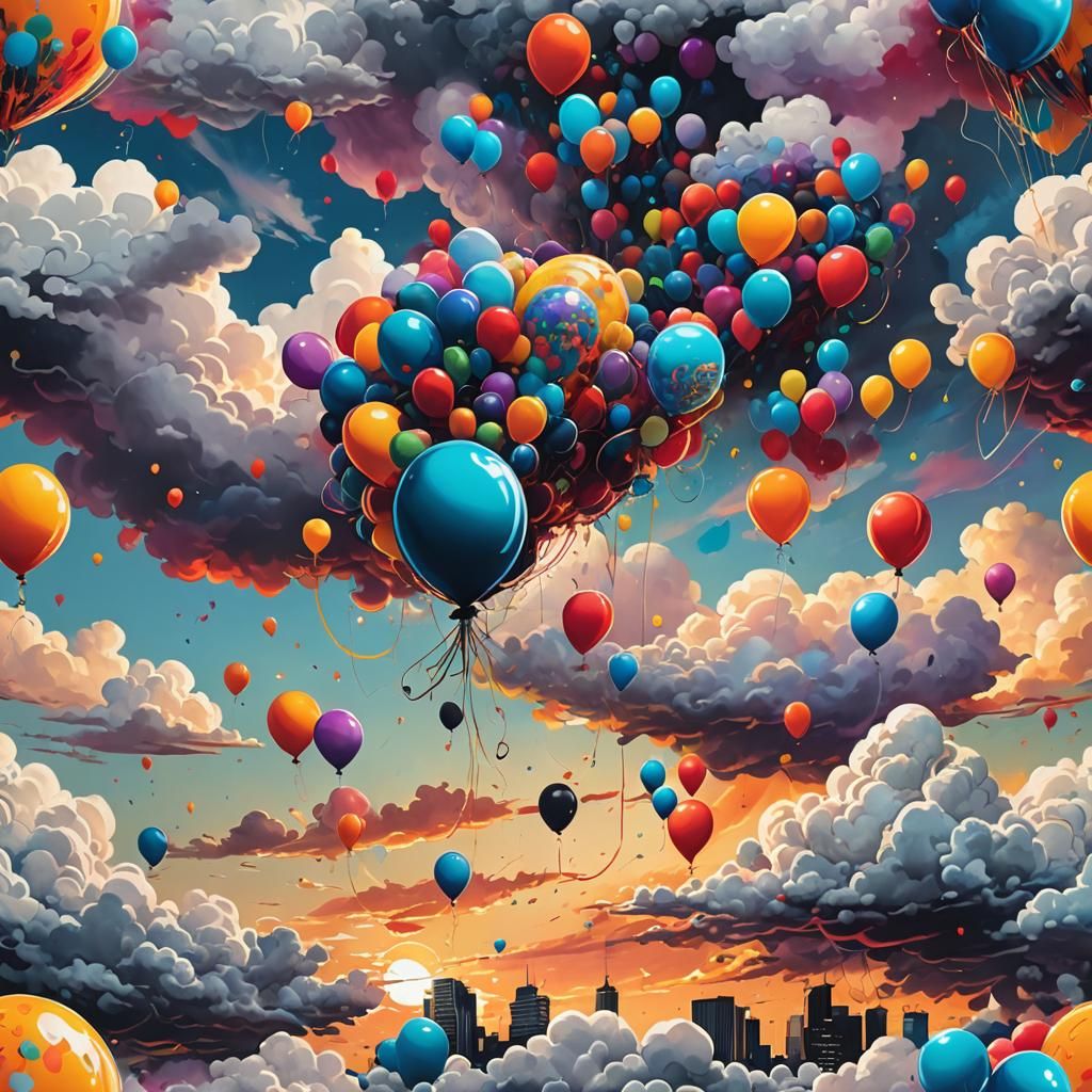 Colorful Balloons in Sky: Graffiti Art Sunset