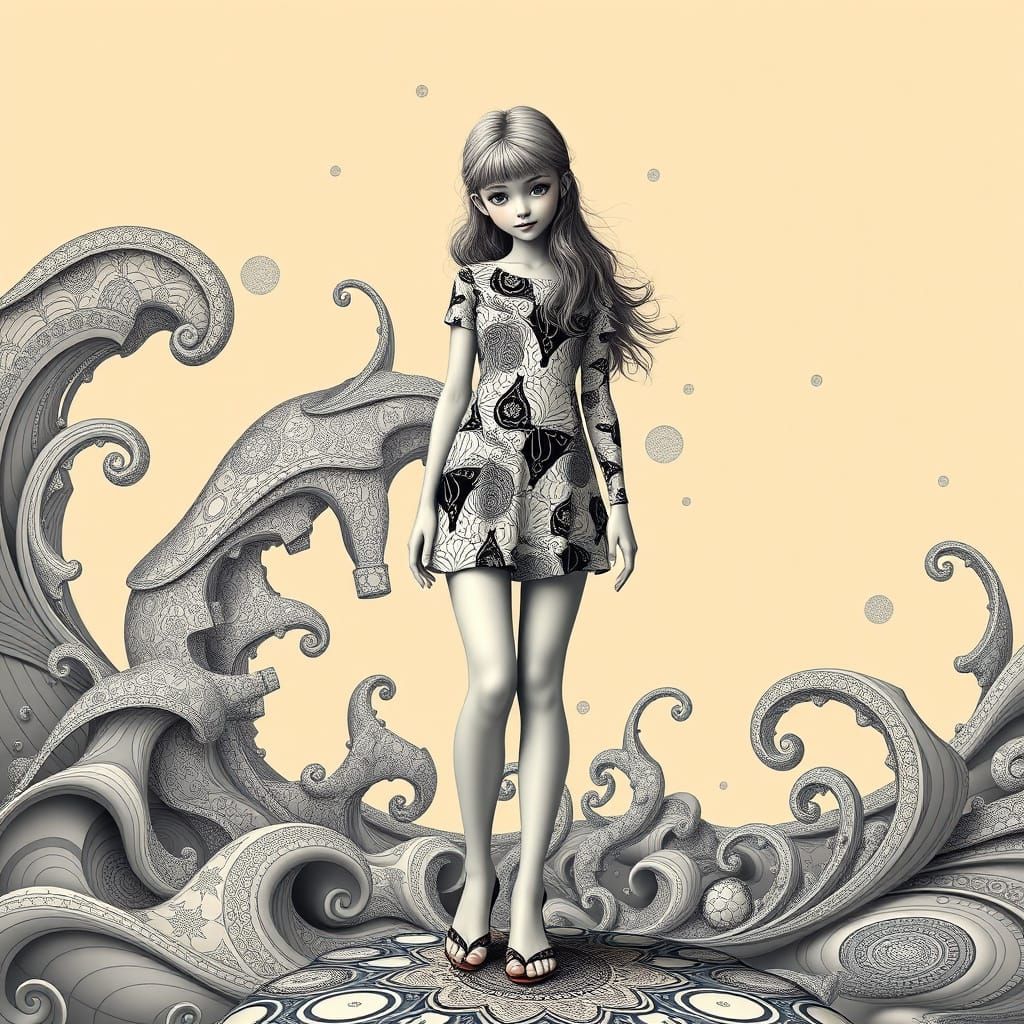 Girl with Zentangle Patterns and Abstract Fractals