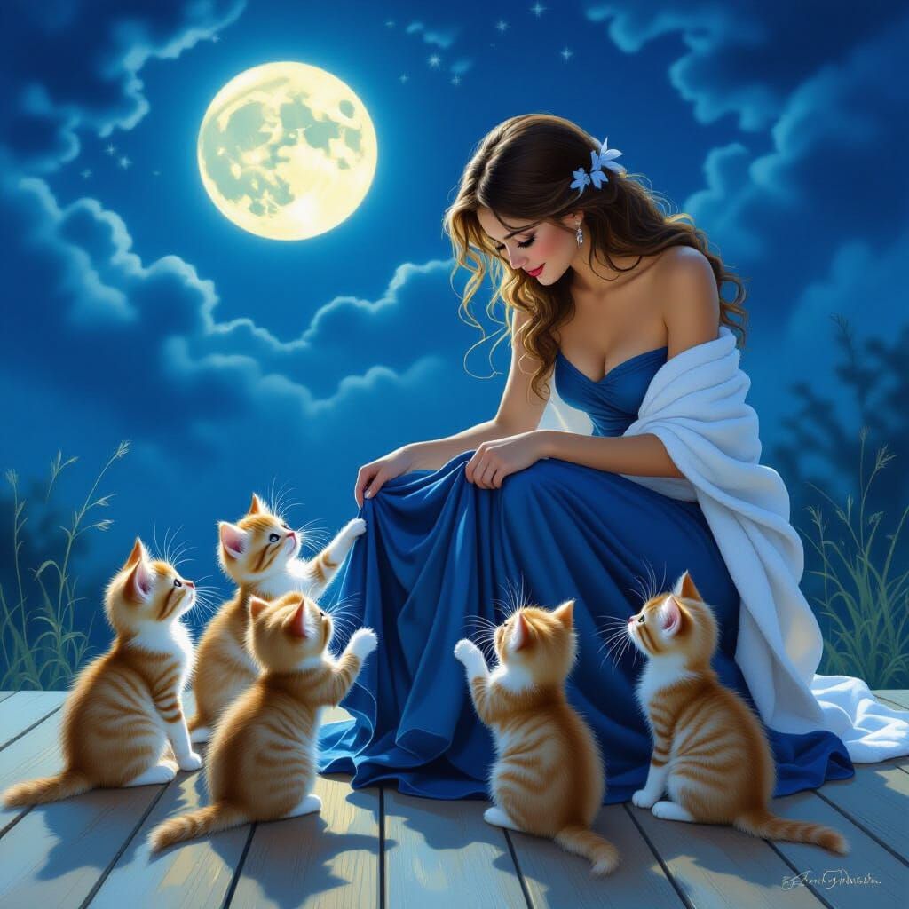 Kittens Assist Woman with Dress in Moonlit Room