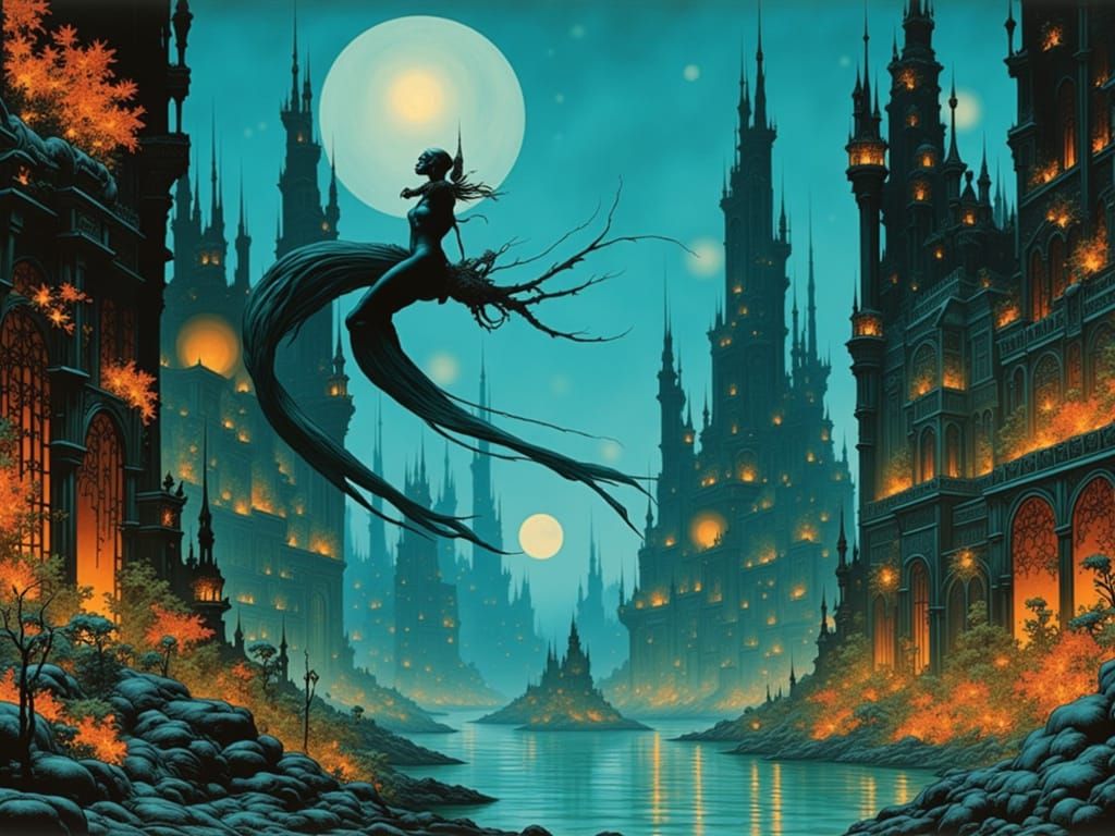 Underwater City with Bioluminescent Flora in Art Nouveau Sty...