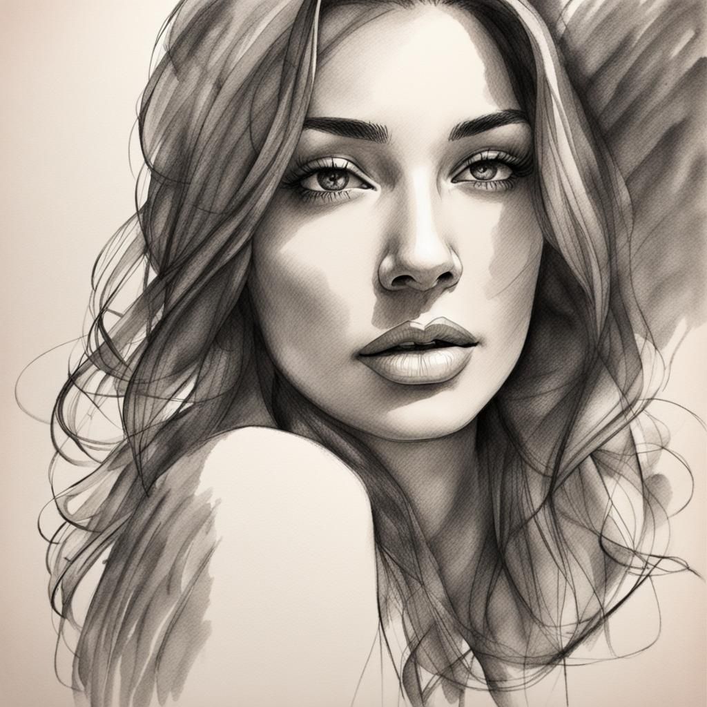 Elegant Woman in Pencil and Ink Sketch