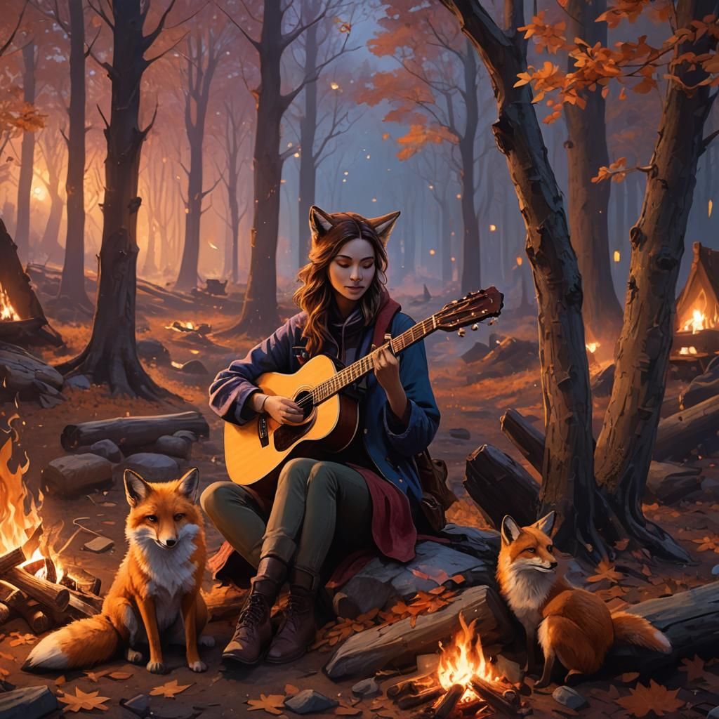 Tan skin Girl Playing guitar at  one campfire in Autumn Fore...