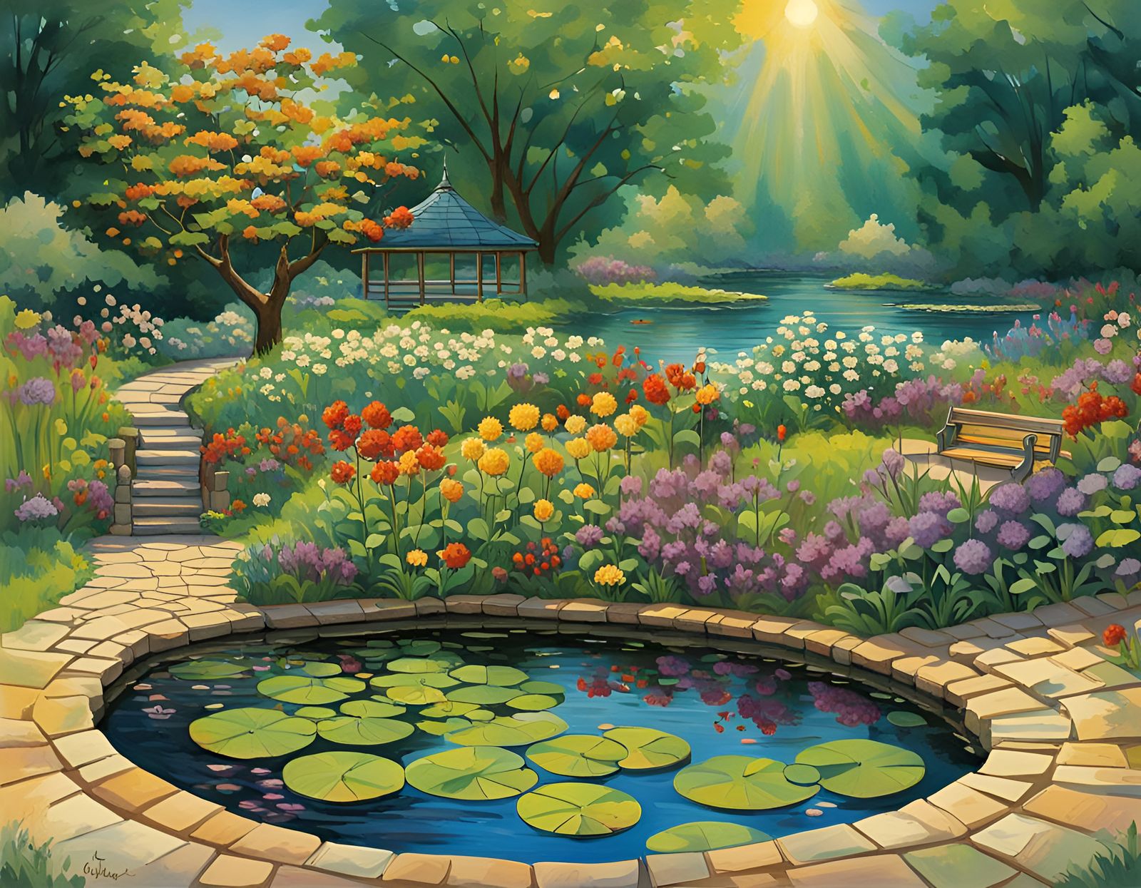Cartoon Crayon Style Flowers Around a Pond