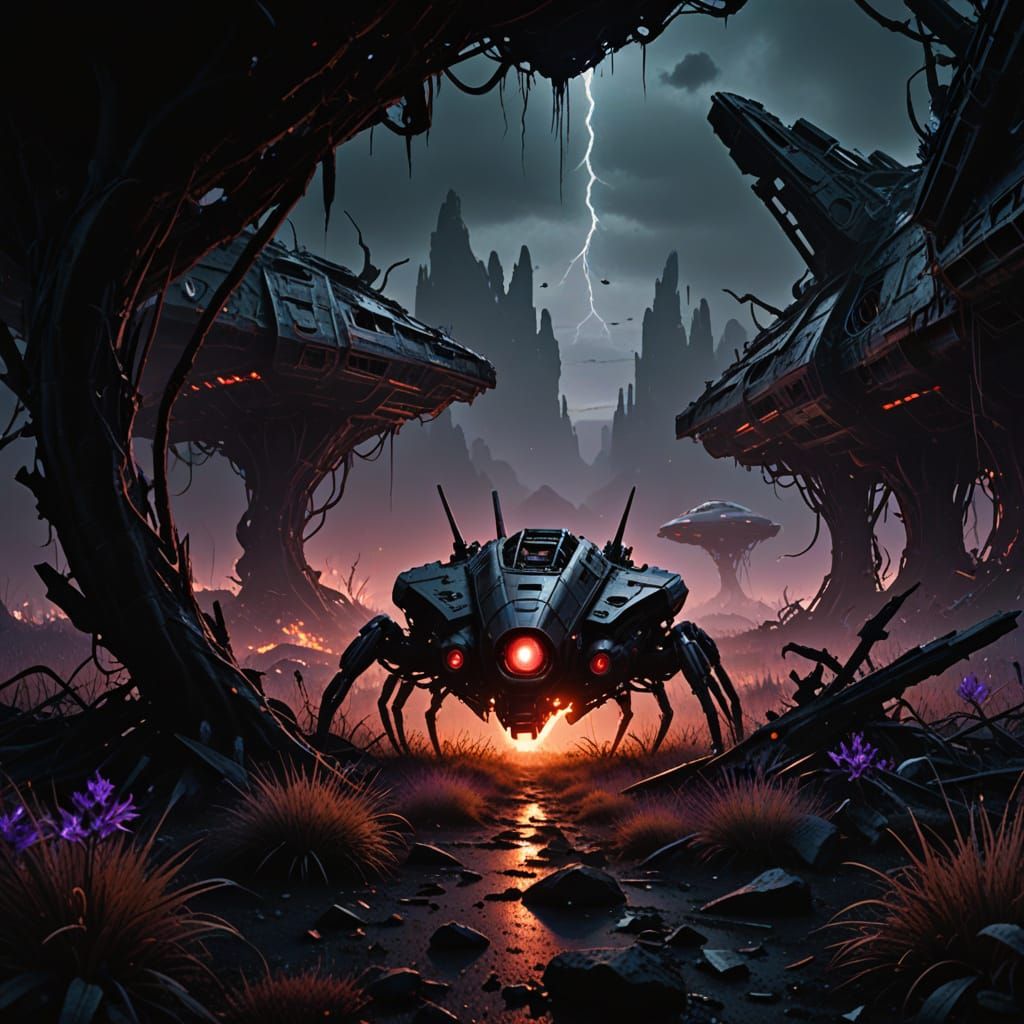 Dark Alien Landscape with Shattered Star Shuttle