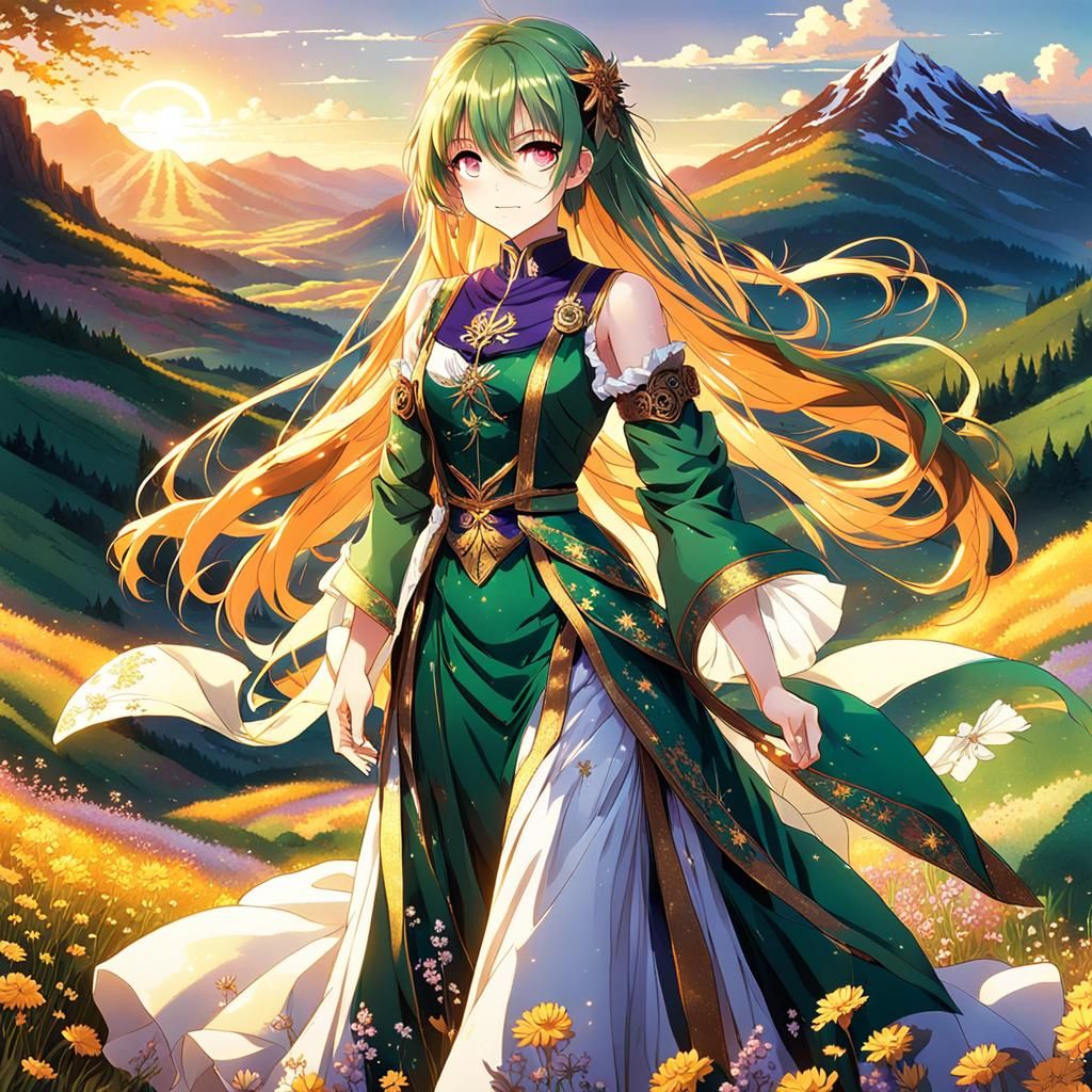 Anime Girl in Sunset Field of Wildflowers
