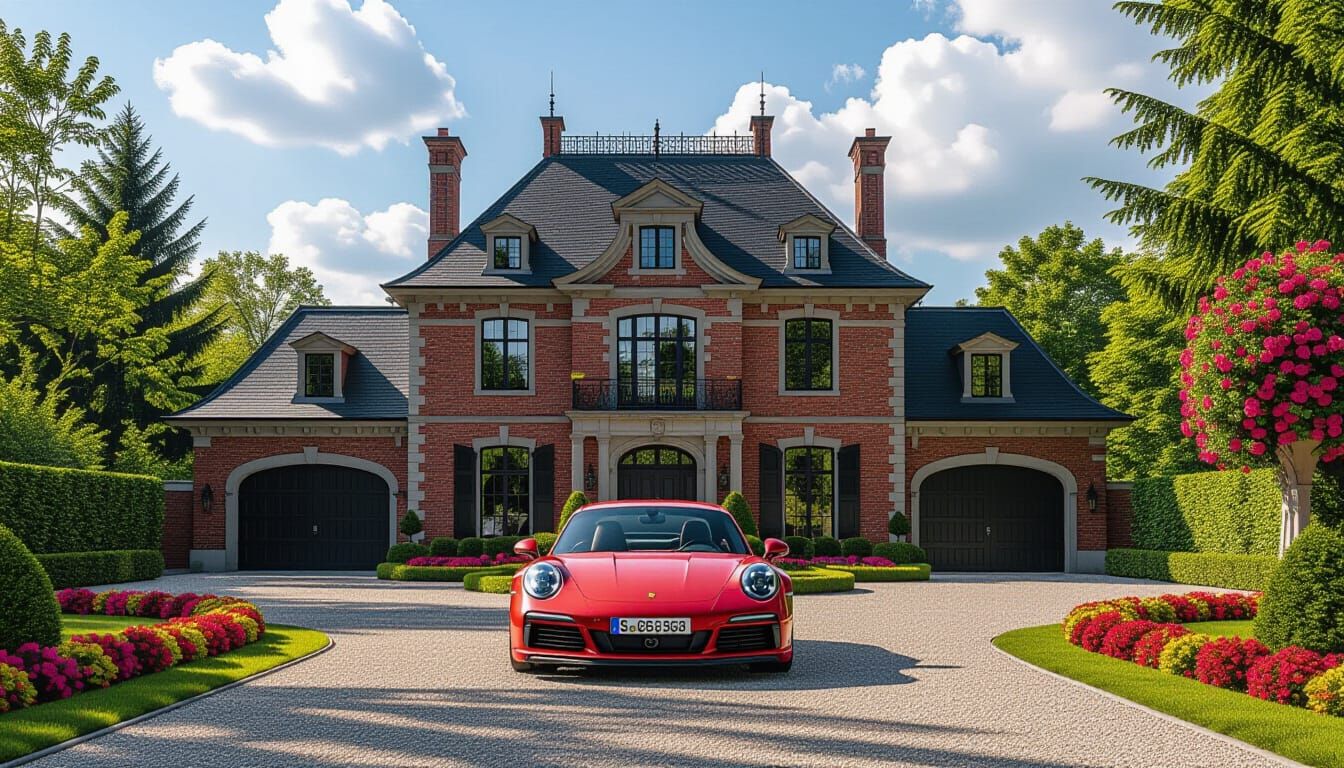 Victorian Chateau with Red Porsche 911