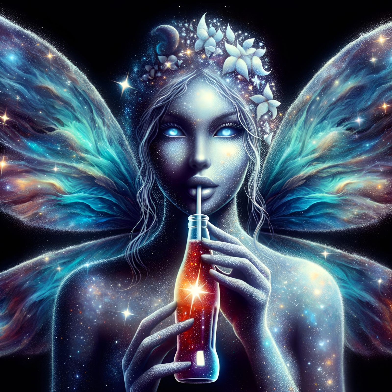 Cosmic Fairy Sipping Stars: Digital Art