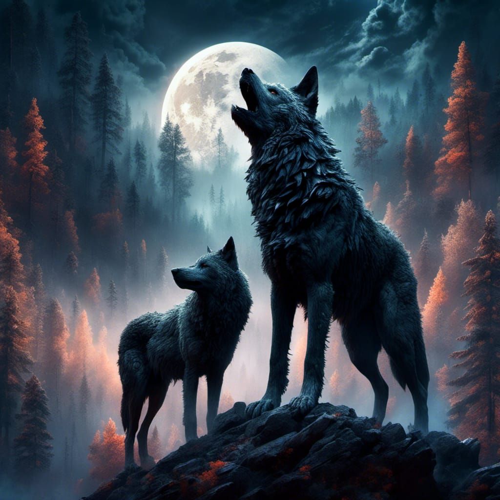 Majestic Wolves Overlook Forest at Night