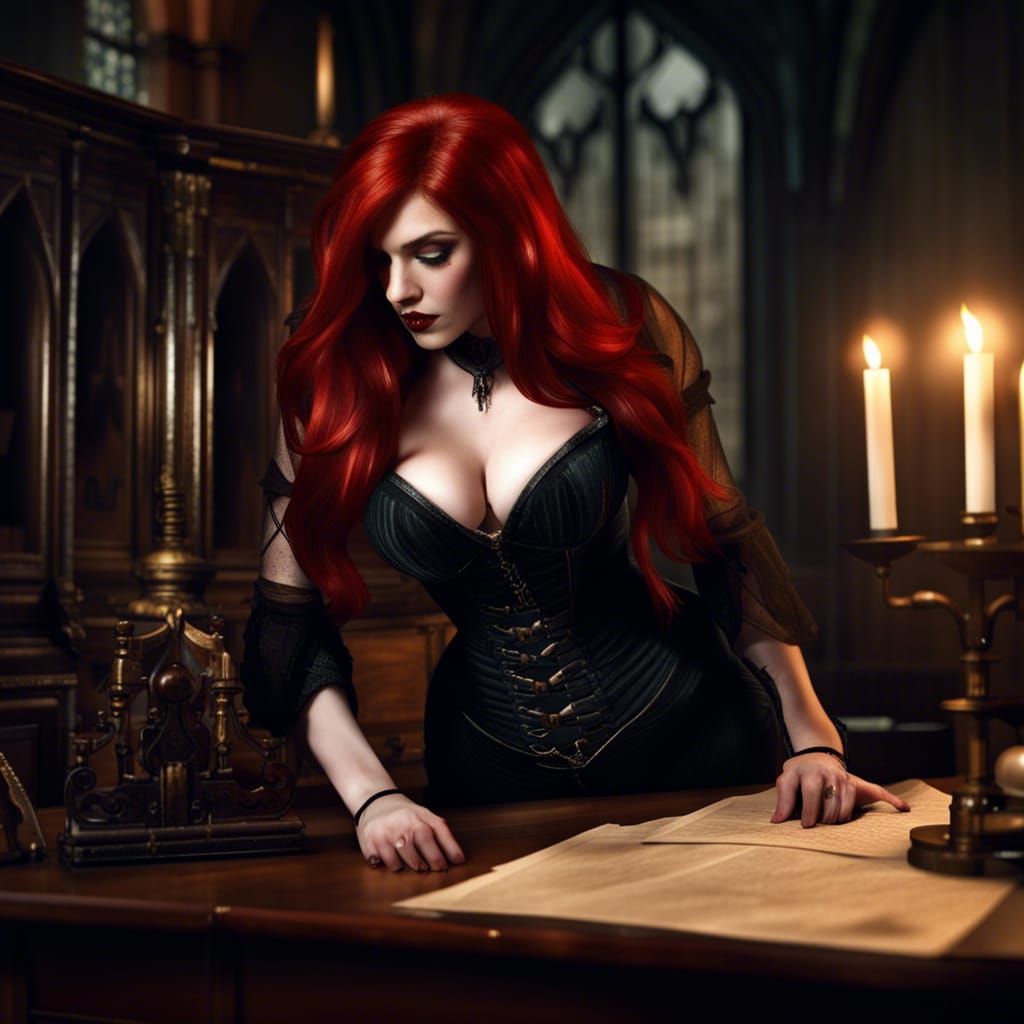 Redhead Vampire in Gothic Castle, Hyperrealistic Style
