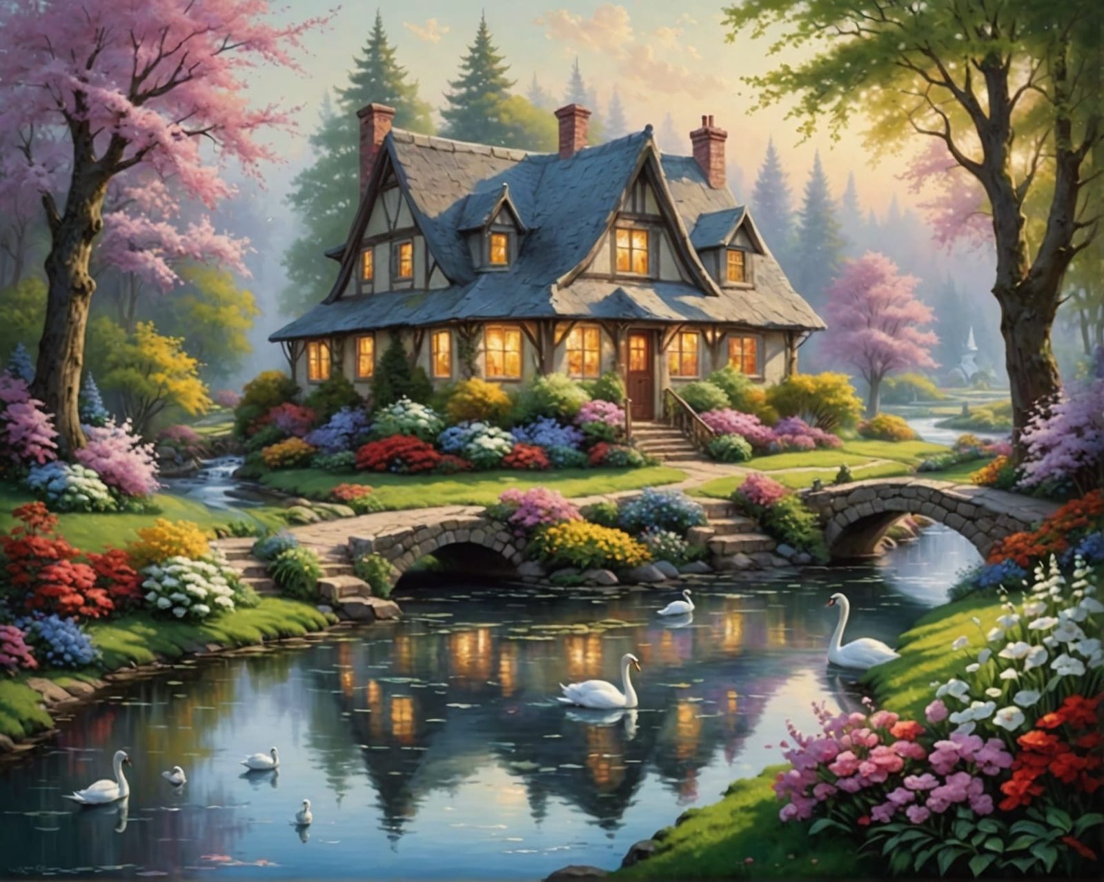 Idyllic Cottagecore Scene in Oil Painting Style