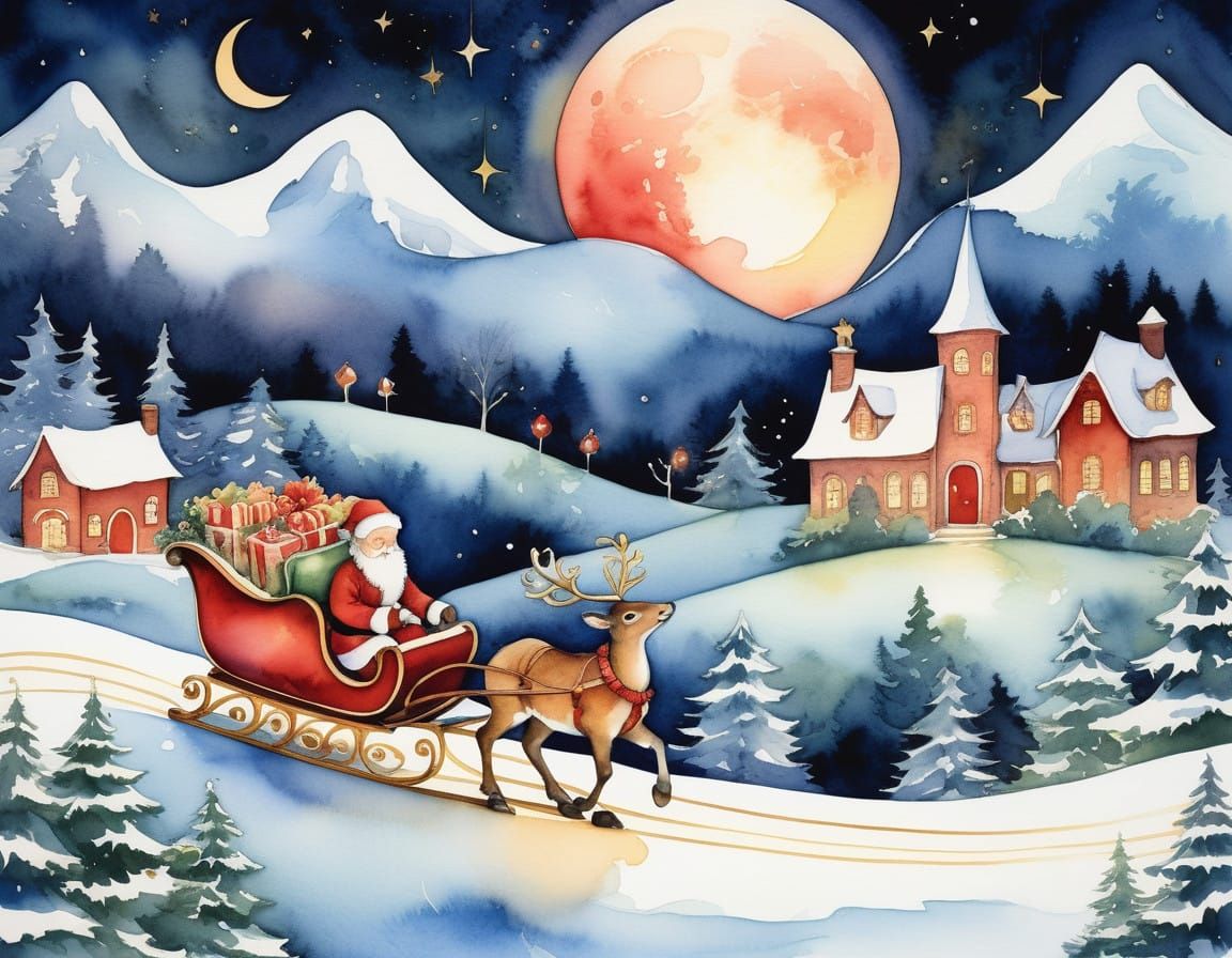 Whimsical Watercolor Christmas Village Under the Moonlit Nig...