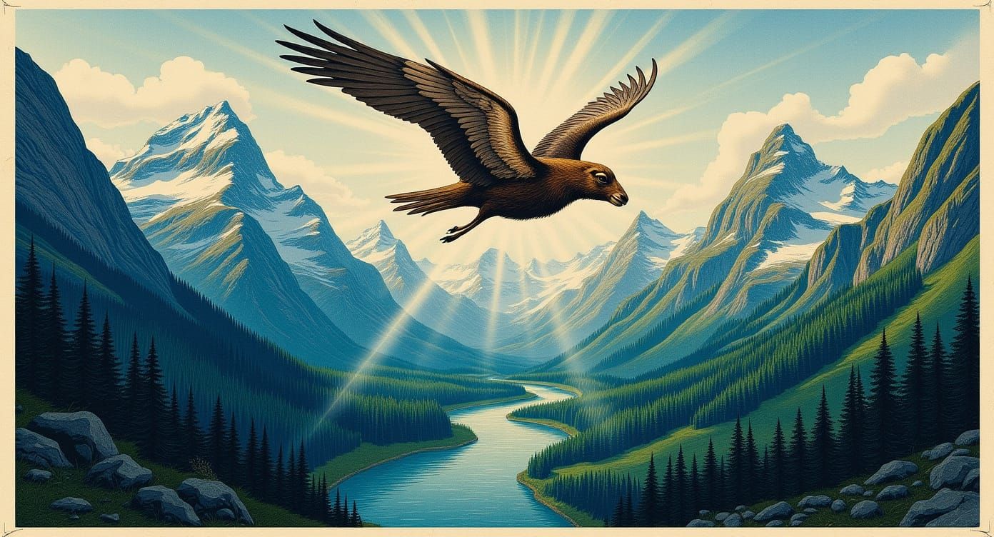 Winged Ibex Soars Over Swiss Alps in Vintage Poster Style
