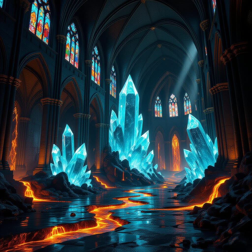 Gothic Cathedral Interior with Aqua Crystals and Lava
