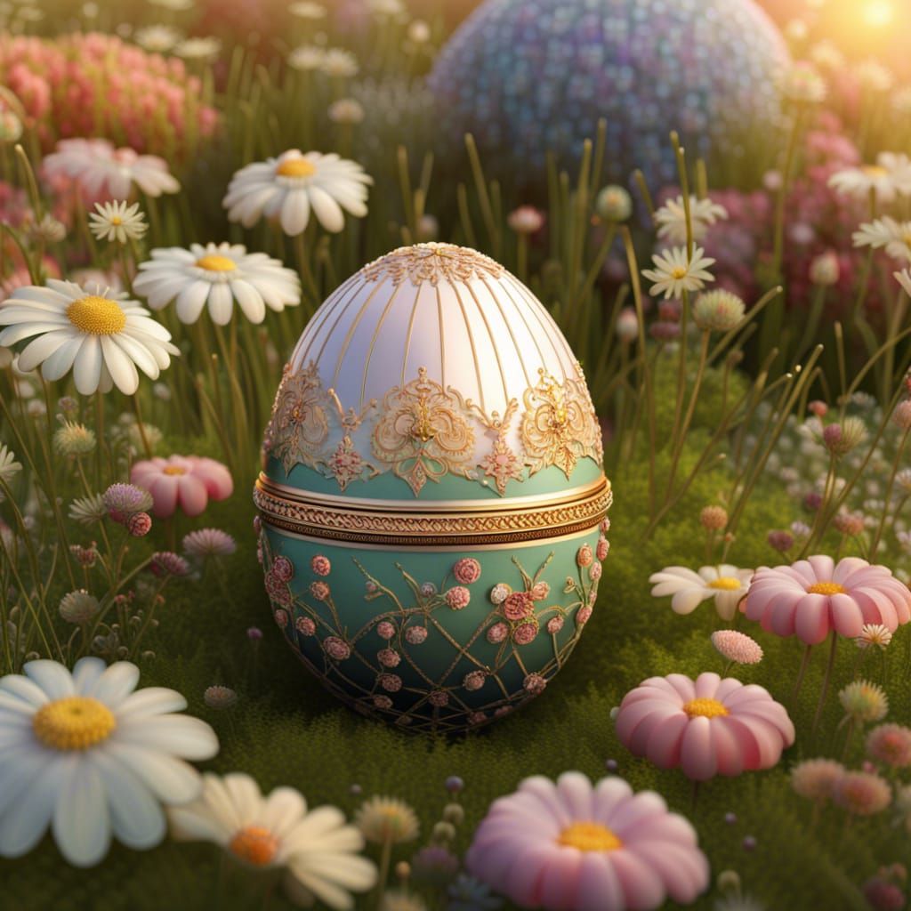 Hyperdetailed Faberge Egg in Sunrise Flower Meadow