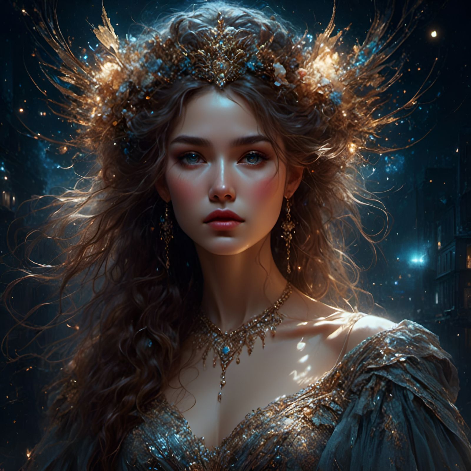 Gorgeous Woman in Ball Gown at Night