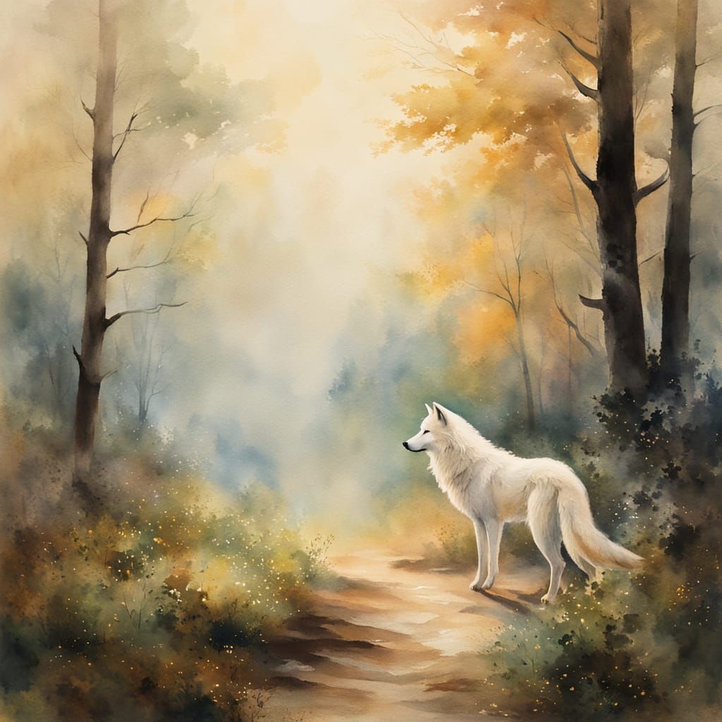 White Wolf Runs Through Forest: Watercolour Painting