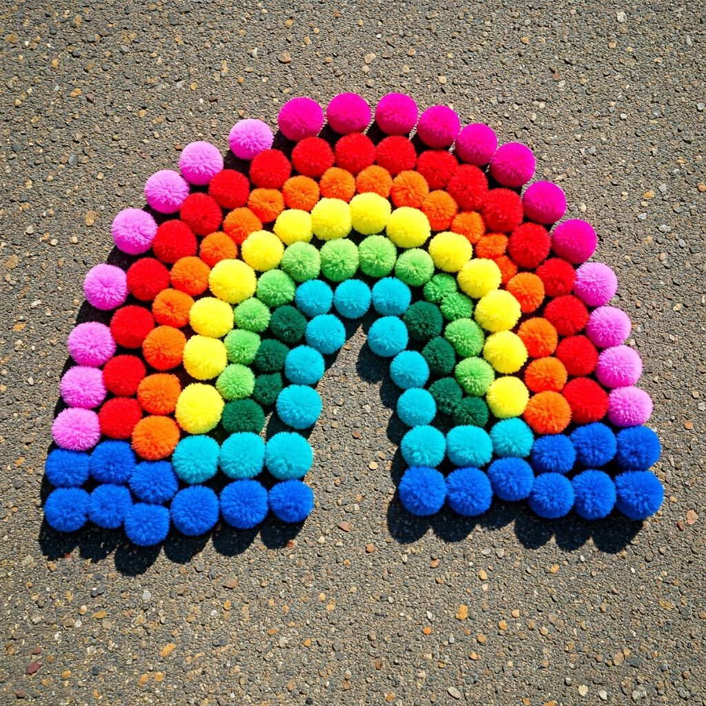 Rainbow Pompoms Viewed From Above: Vivid Colors