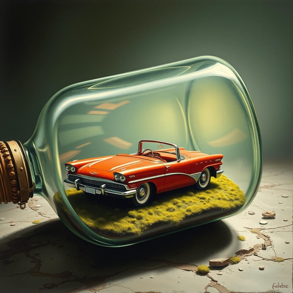 Car in a Bottle: Surreal Vintage Painting