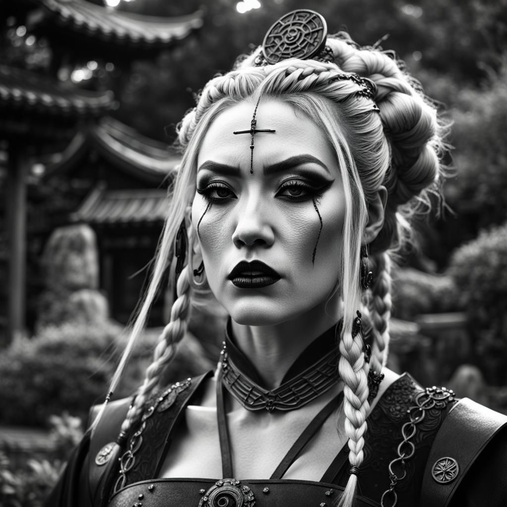 black and white 35mm grainy film geisha vampire, gothic, japanese garden in background, dark fantasy aesthetic, dynamic ...