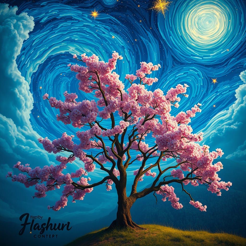 Majestic Cherry Blossom Tree Under Vibrant Night Sky