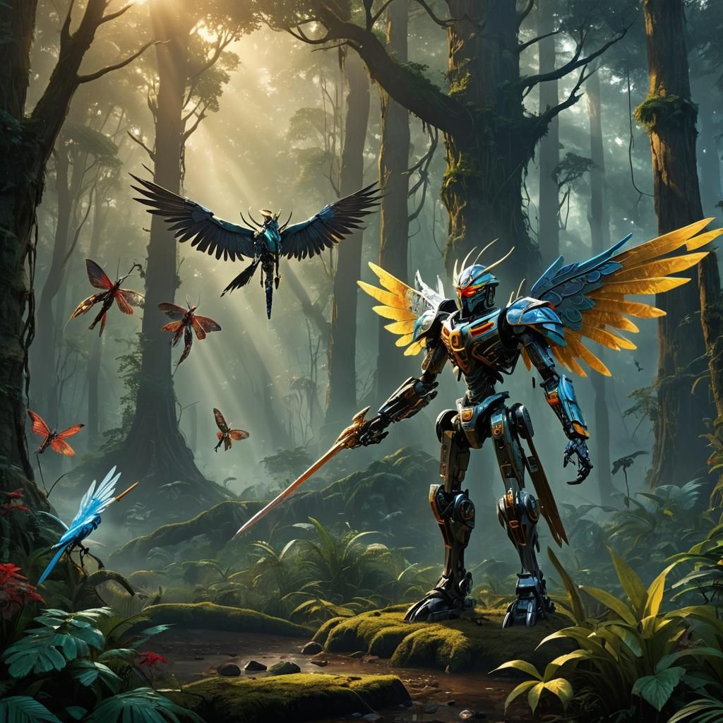 Bionicle and Moth-Winged Crane in Ancient Forest