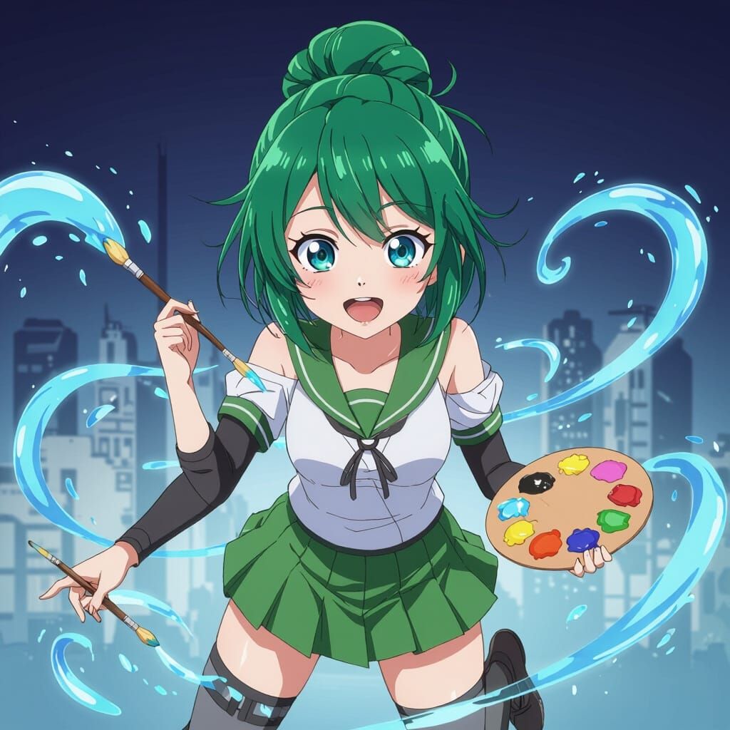 Green Haired Artist Character in Dynamic Pose