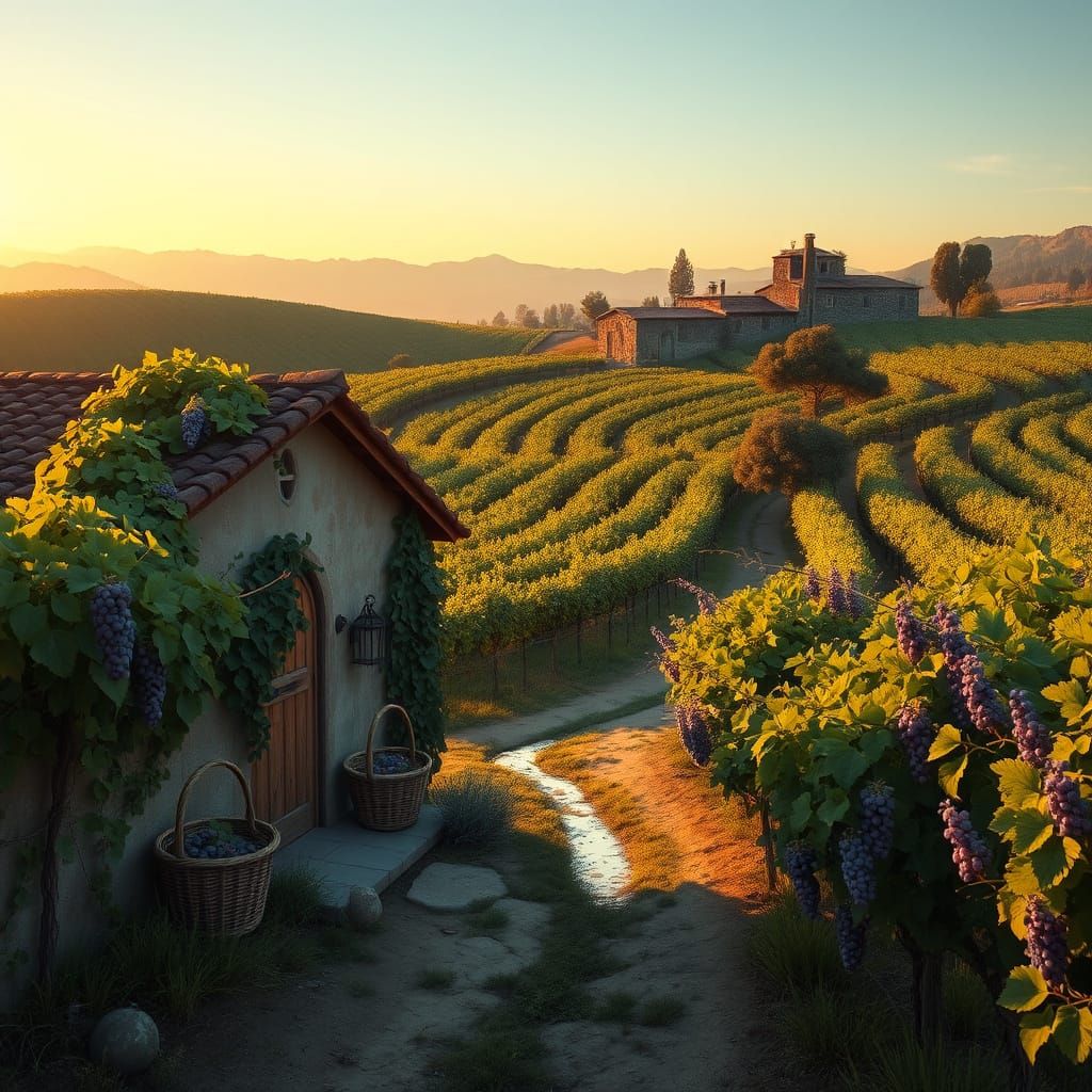 Golden Hour Vineyard Serenity in Dreamy, Whimsical Style