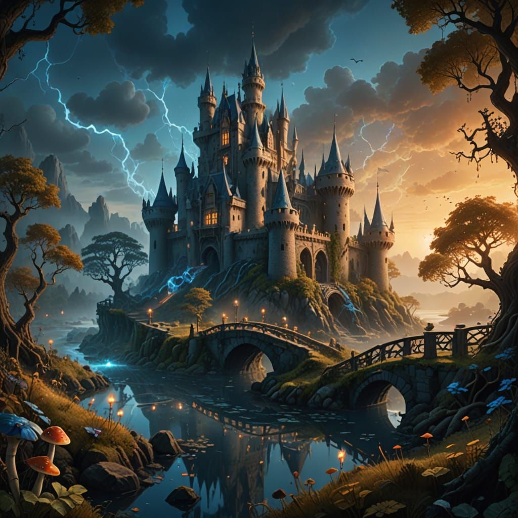 Surreal Castle with Sapphire Crystals and Golden Light