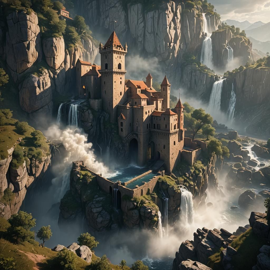 Clock Castle with Waterfall in 3D Game Cinematic Style