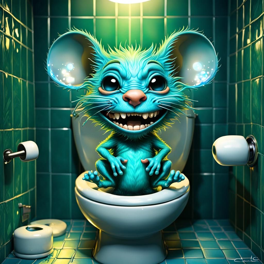 Aqua Chibi Mouse on Toilet, Psychedelic Art