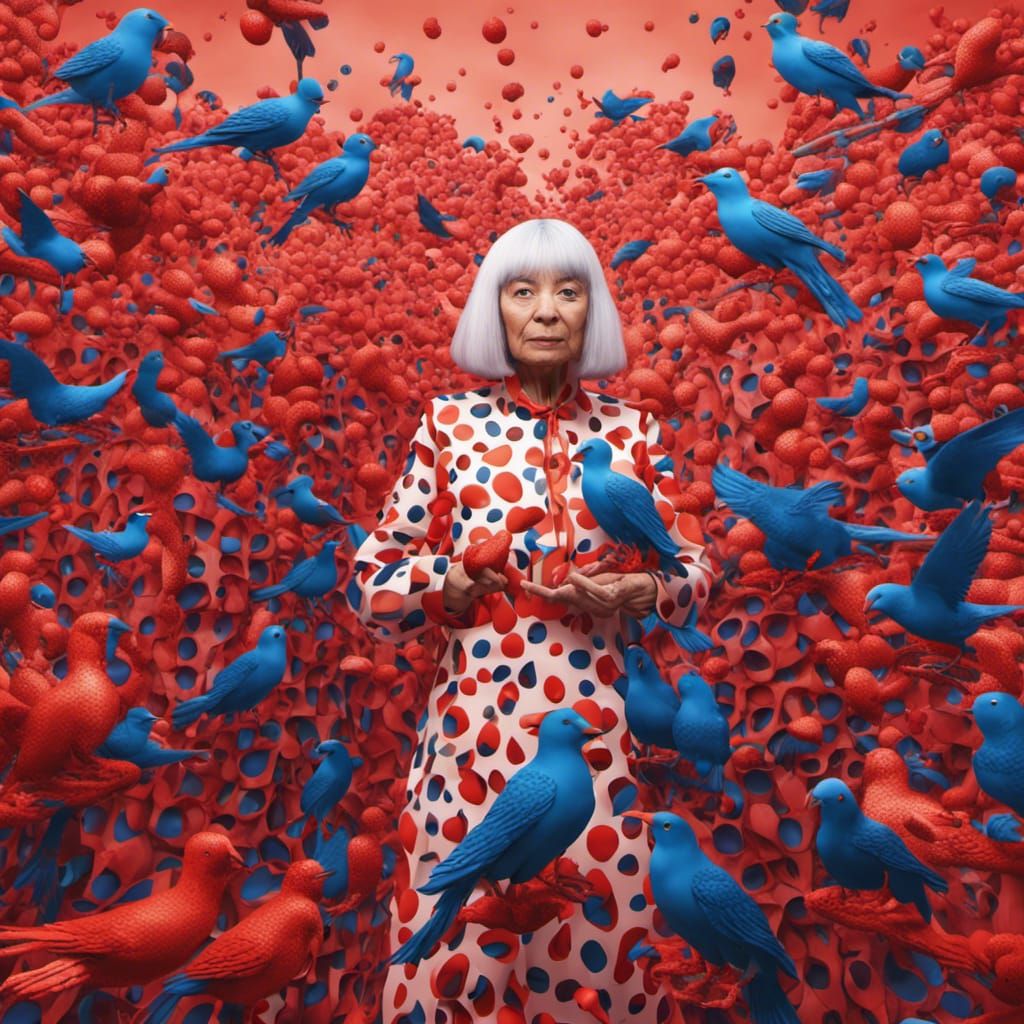 Kusama-Inspired Bird Art in Fantasy Style