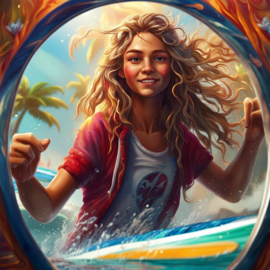 Teenage Girl Surfing: Hyperrealistic Splash Art