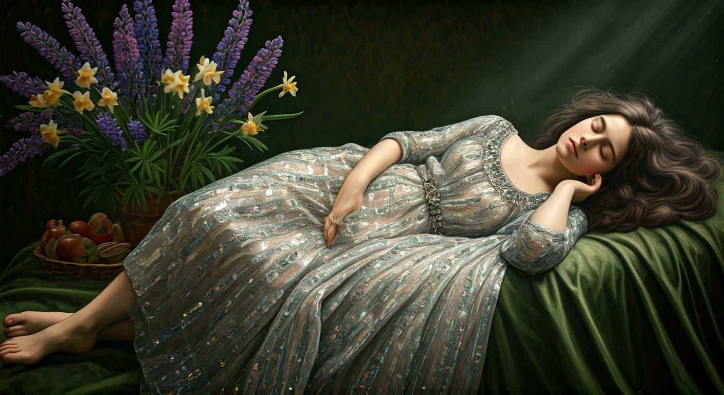 English Woman in Crystal Dress Slumbers in Sunlit Room