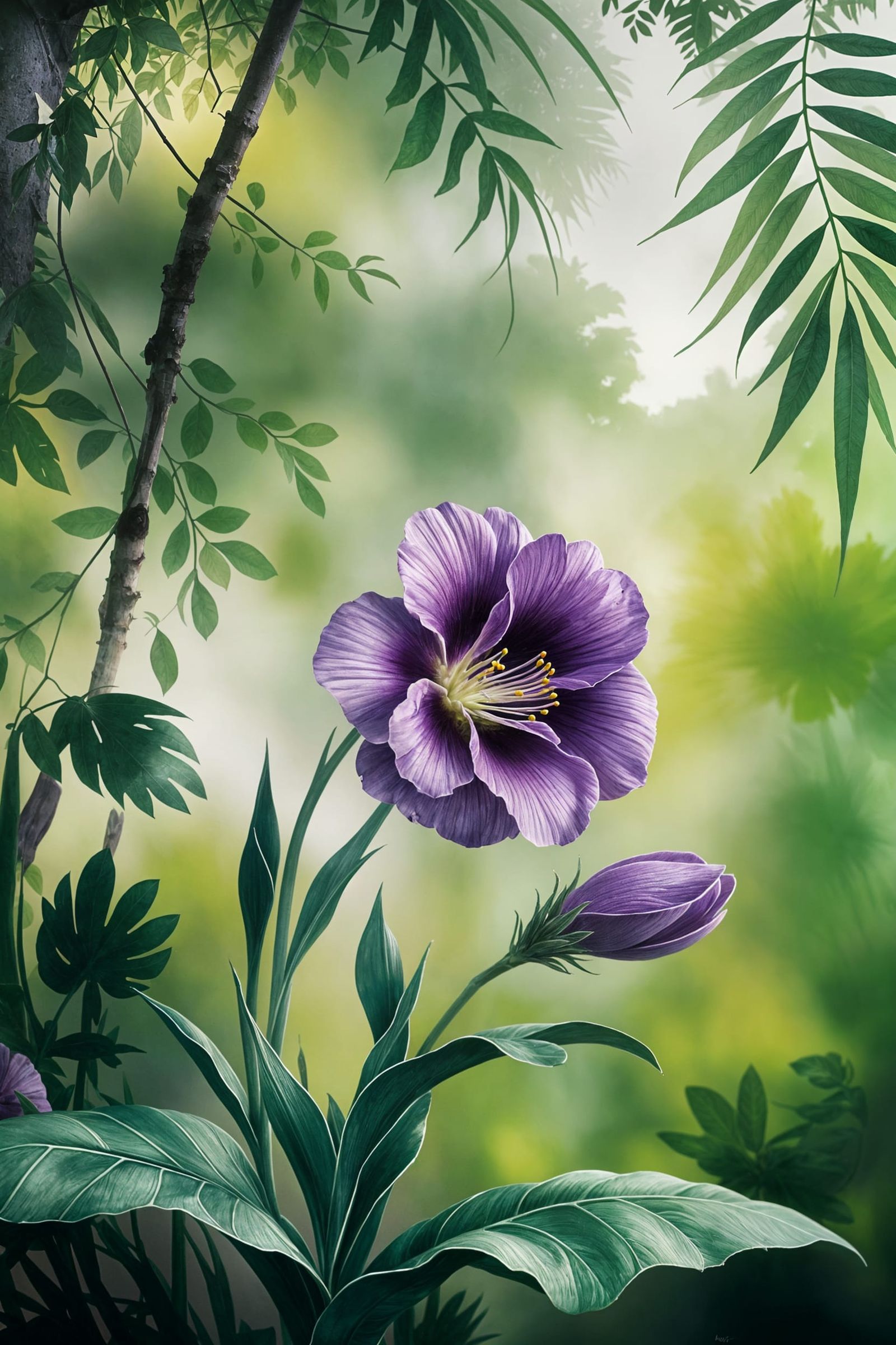 Tropical Jungle: Purple Flower Watercolor Painting