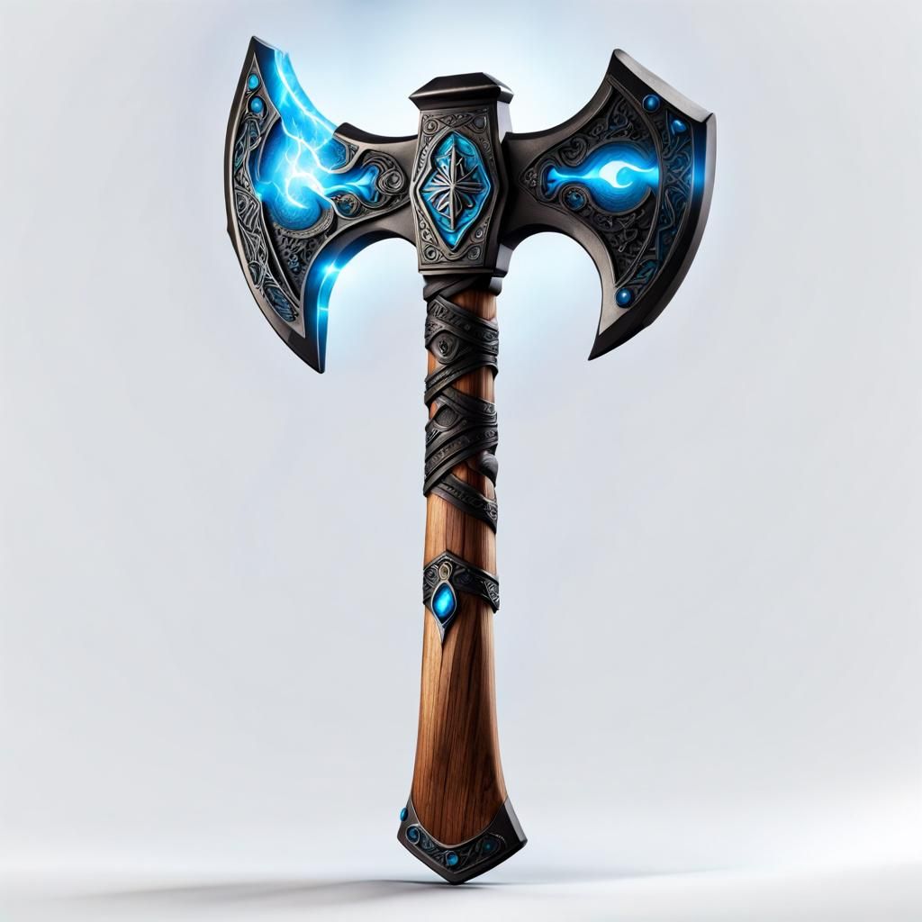 Glowing Runes on Powerful Axe in Thunderous Sky
